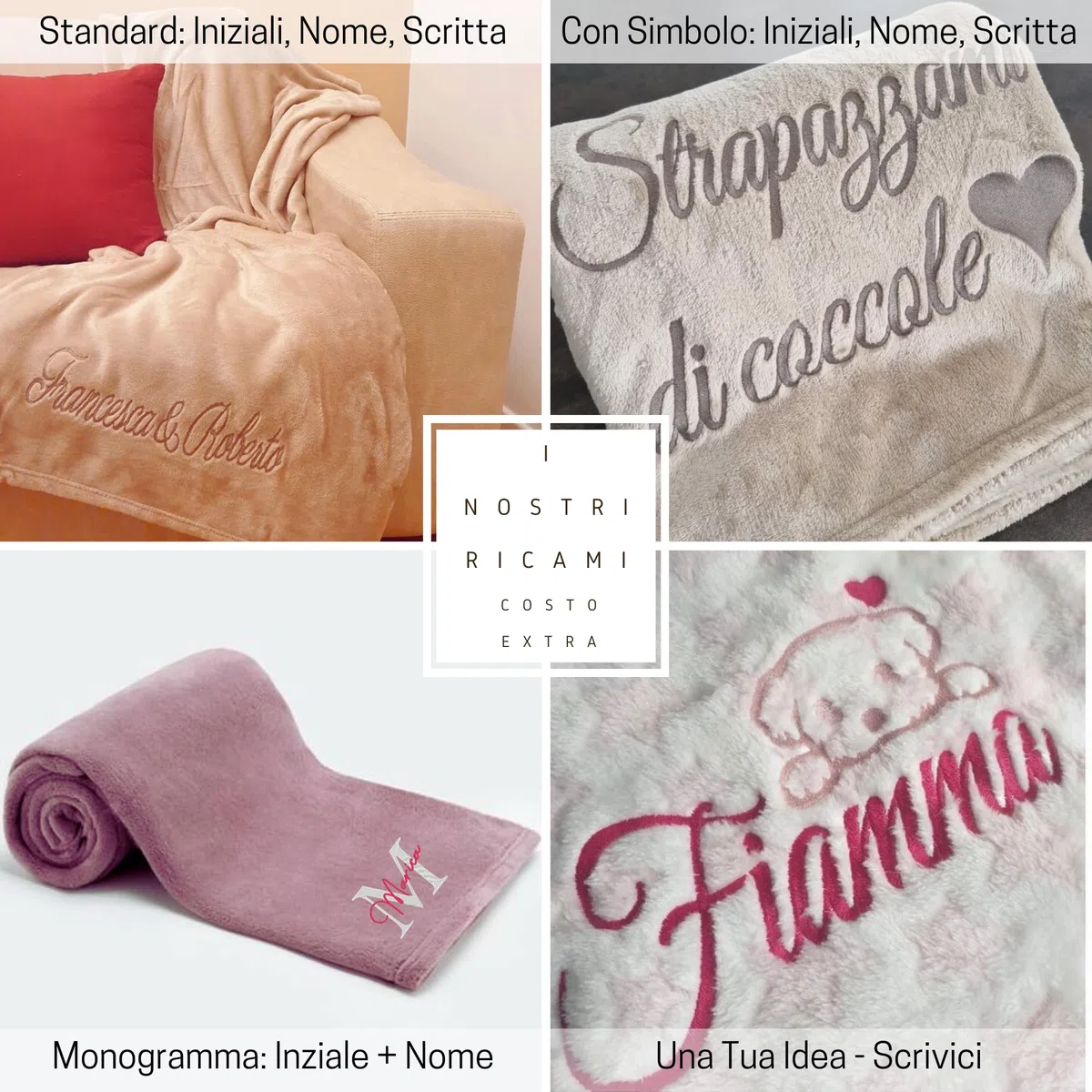 MAYRA Coperta Plaid Personalizzabile in Pile Coral | Singolo, 1 Piazza e Mezza, Matrimoniale | Idea Regalo, Hotel | Personalizzato con Iniziali, Nome, Scritta, Logo | Design Made in Italy (Blu, L)