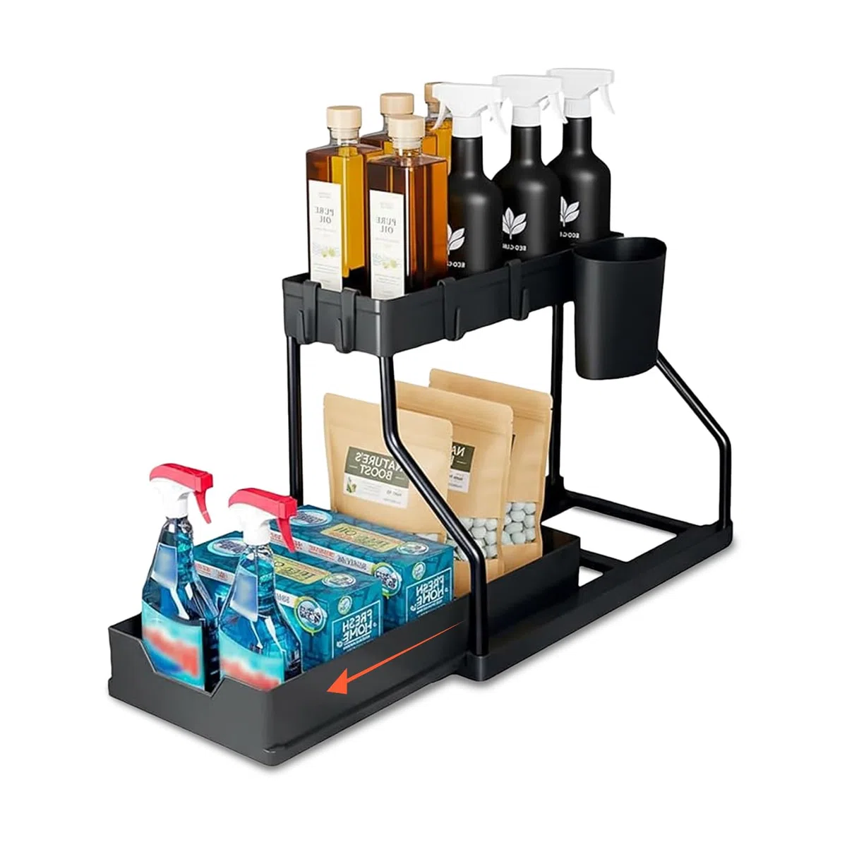 Avilia - Organizer Sottolavello Estraibile a 2 Livelli, Cassetto Scorrevole Salvaspazio con Secchiello Laterale e 4 Ganci, Multiuso Cucina, Bagno e Lavanderia, Scrivania.