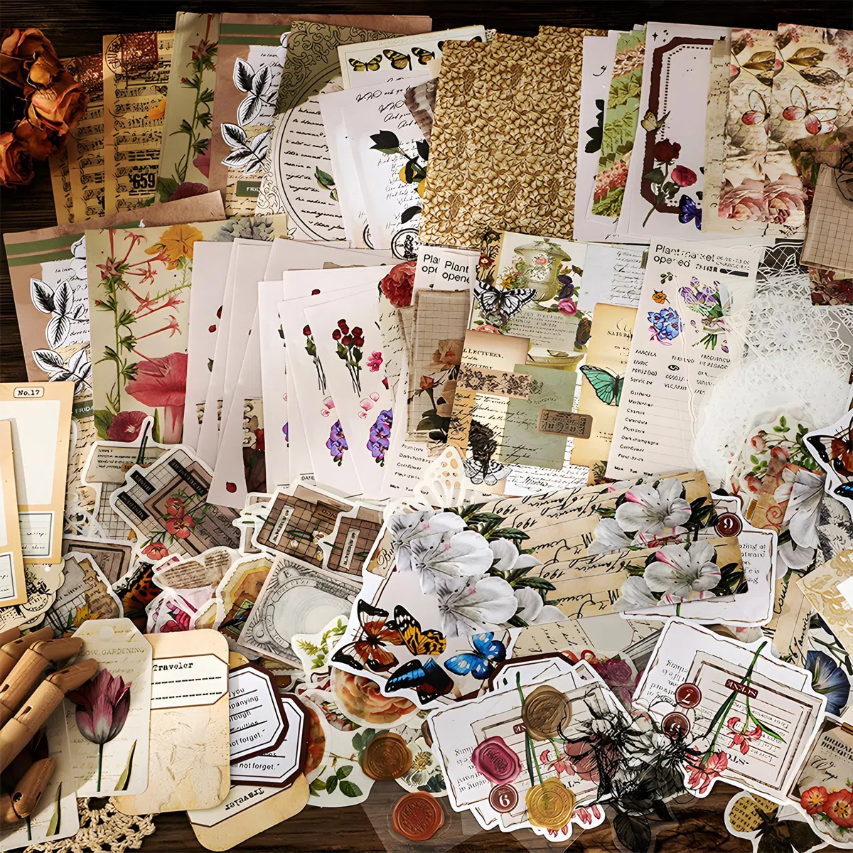 Teniinet 260 Pezzi Kit per Scrapbooking Vintage Estetico, Kit per Diario Estetico, Grande Collezione per Diari Proiettili Spazzatura, Collage di Arti e Mestieri, Adulti Effimeri, Principianti(Fiori)
