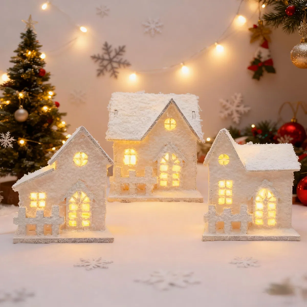 3 Pezzi Casette Natalizie Luminose con Timer, Villaggio Natalizio Legno Luminoso, Casetta Legno Villaggi Natalizi, Casette Natale Villages, Decorazioni Natalizie Luminose Regali Bianco