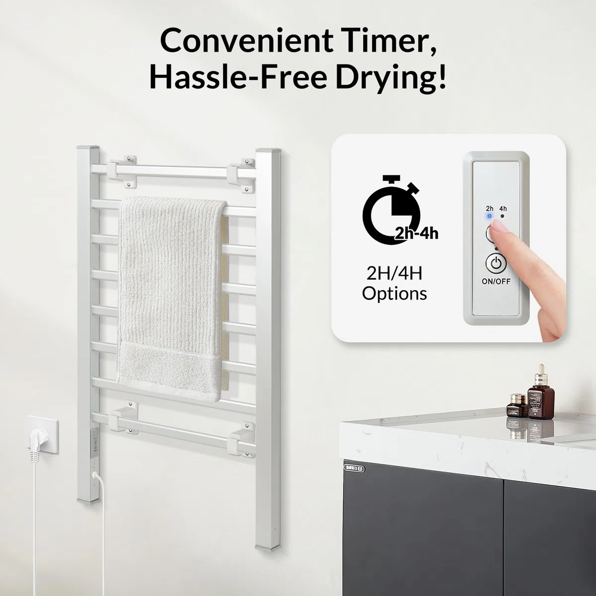 Todeco Scaldasalviette Termoarredo Bagno con Timer, 2in1 da Terra e Parete Asciuga Asciugamani Elettrico, Asciugabiancheria Portasciugamani, Compatto e Versatile, 8 Barres