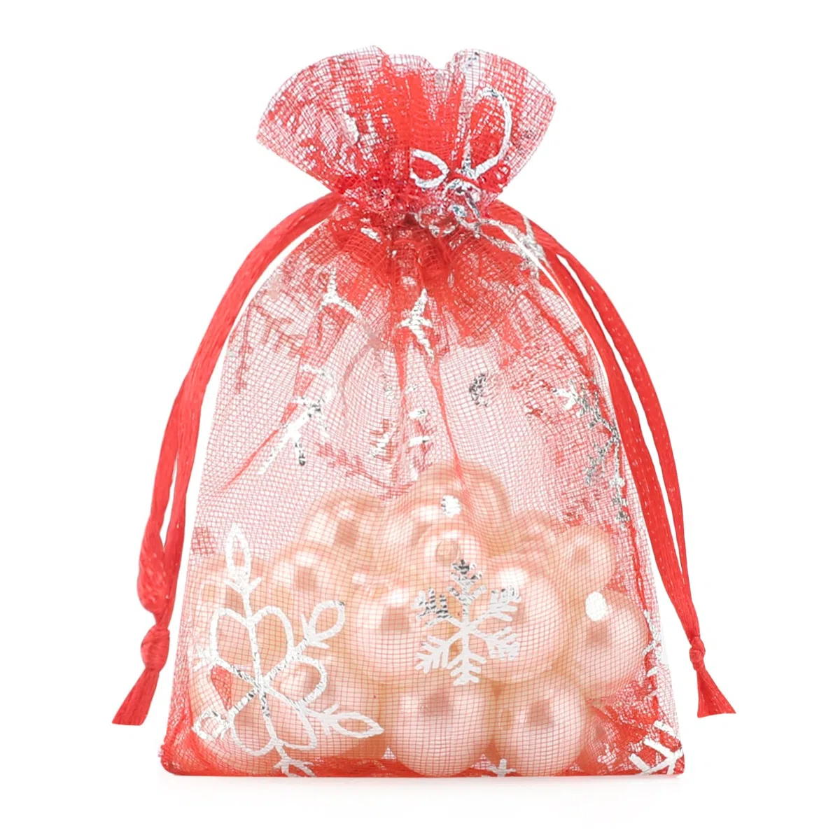 G2PLUS Sacchetti in organza rossa, 7 x 9 cm, con fiocco di neve, piccoli sacchetti regalo di Natale, 100 sacchetti per bomboniere per Natale, compleanno, matrimonio, anniversario