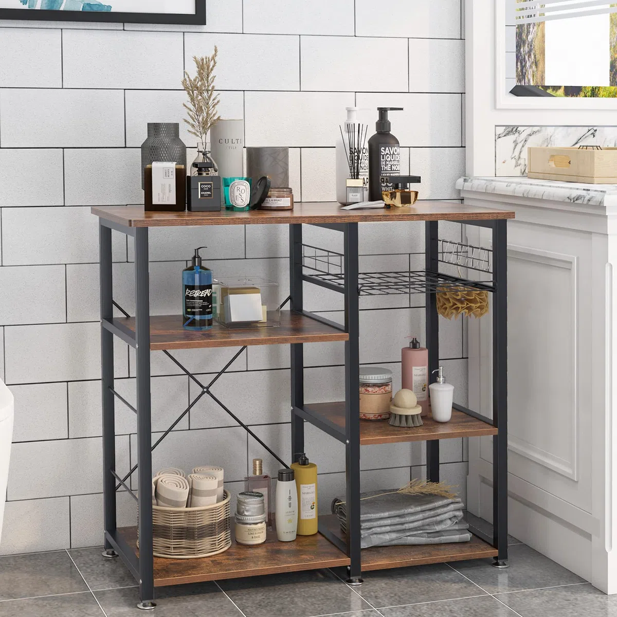 SogesHome Scaffale da Cucina, 3 +4 Supporto per Forno a Microonde con Ripiani, Mobile Cucina salvaspazio con cesti in Filo Metallico, 90 * 40 * 83 cm, Marrone Vintage W5S-FG-Sh