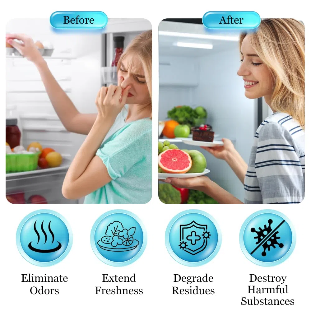 Deodorante per Frigorifero, Generatore di Ozono, Odor Eliminator, Purificatore per Frigorifero Portatile per Frigo, Scarpiera, Guardaroba