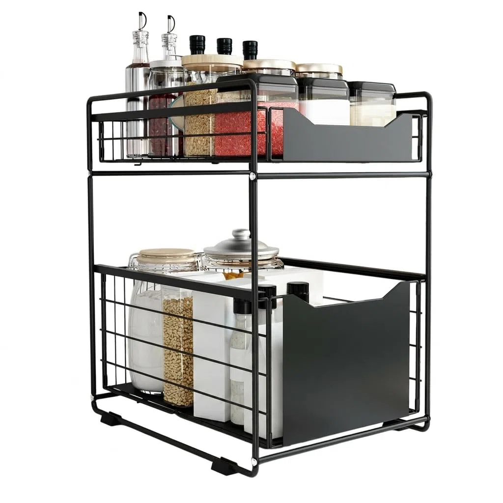 Organizzatore a 2 Ripiani con Cassetto Portaoggetti Sotto il Lavandino Scorrevole Cestino Estraibile Portaspezie Organizer per Snack per Cucina Bagno Camera da Letto-Nero