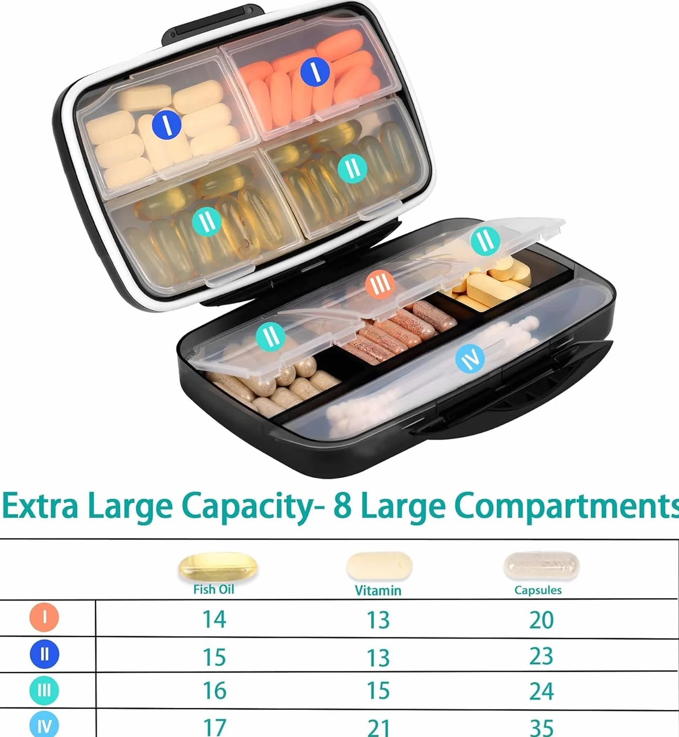 Fullicon - Portapillole da viaggio, grande, portatile, con 8 scomparti, contenitore per pillole e vitamine, ermetico e a prova di umidità (nero)