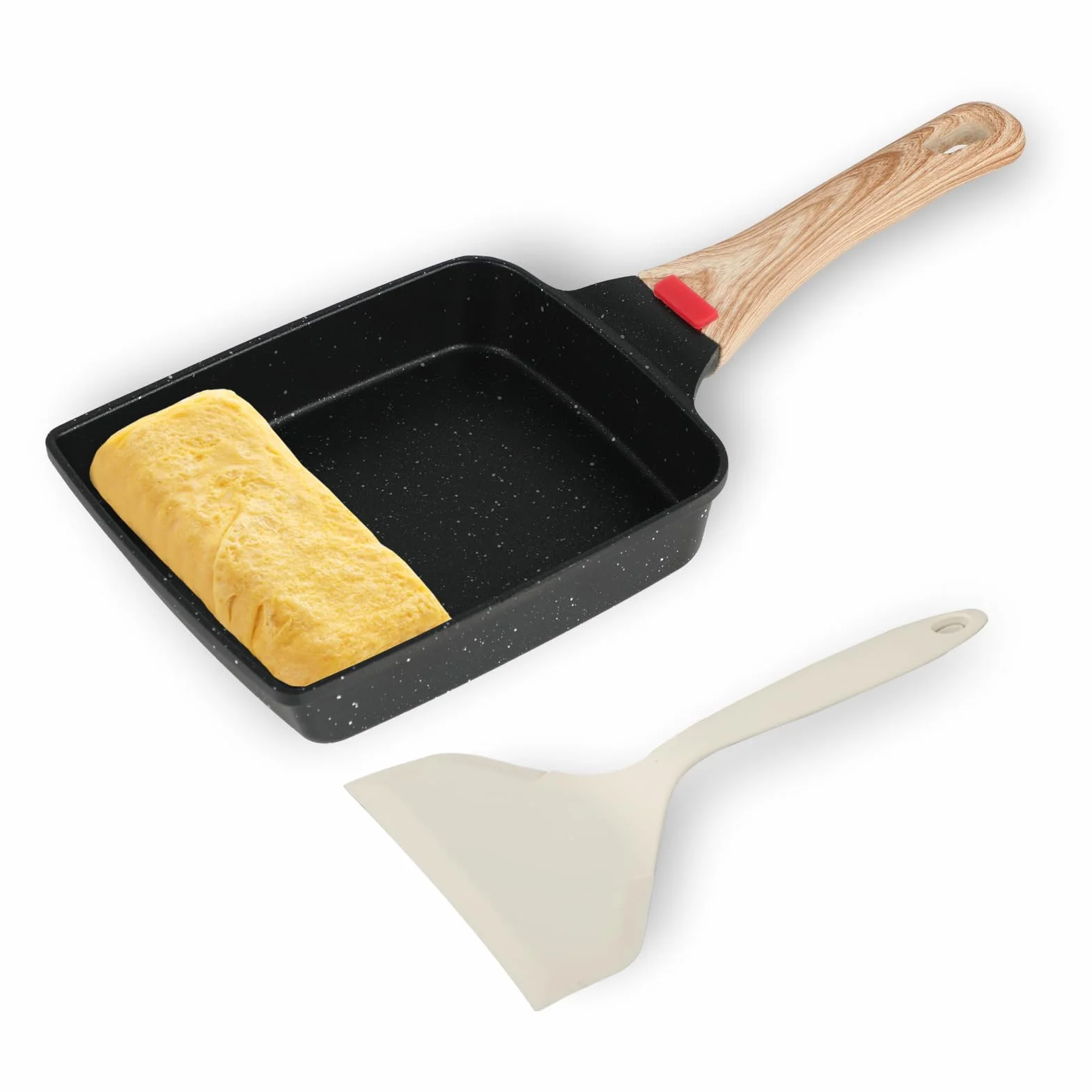 Padella per Omelette Giapponese - Padella per Tamagoyaki, Alluminio, 19×15 cm, Rivestimento Antiaderente, con Spatola in Silicone, per Tutti i Tipi di Piani Cottura, per Tamagoyaki, Omelette, Pancake