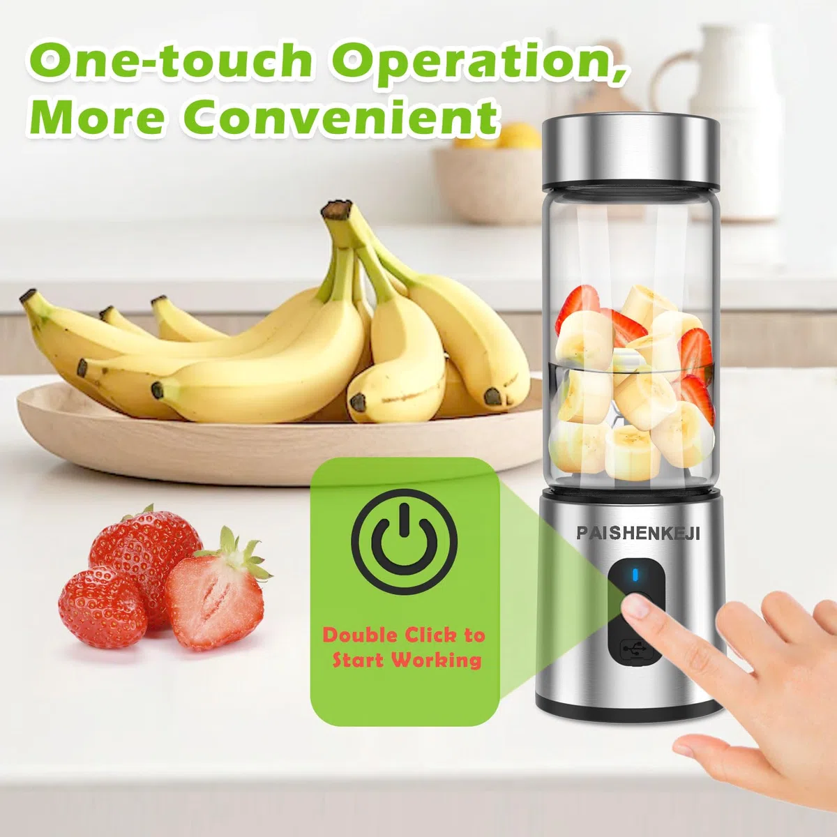 Frullatore portatile in vetro per frullati e frappè: frullatore personale per frullati per tritare ghiaccio e frutta congelata, Mini Blender da 400 ml ideale per frullato di ghiaccio e spremute