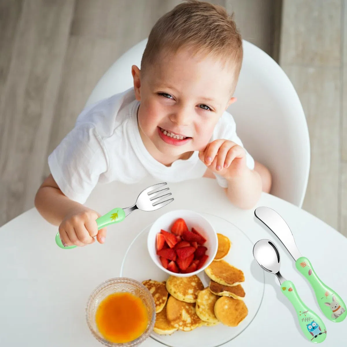 Set posate per bambini in acciaio inox, 6 pezzi posate per bambini con motivo carino, 2 forchette, 2 cucchiai, 2 coltelli, posate da bambino in manico rotondo per ragazzi e ragazze (giallo, verde)