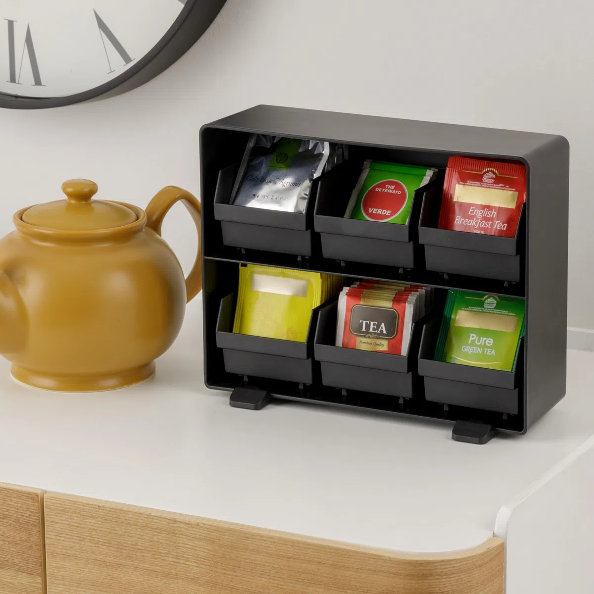 Baroni Home Organizer da Caffetteria in Plastica Resistente Porta Bustine di Tè, Organizzatore in 6 scomparti per +90 bustine tè, Design Funzionale e Facile da Pulire, 26x8x6 cm, Nero