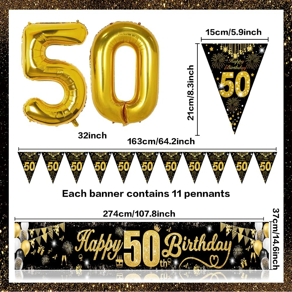 Palloncini 50 Anni Compleanno per Uomini e Donne, Oro Nero Happy 50th Birthday Striscione Oro Nero Palloncini con Coriandoli Fuochi D'artificio Striscione Bandiera Triangolare