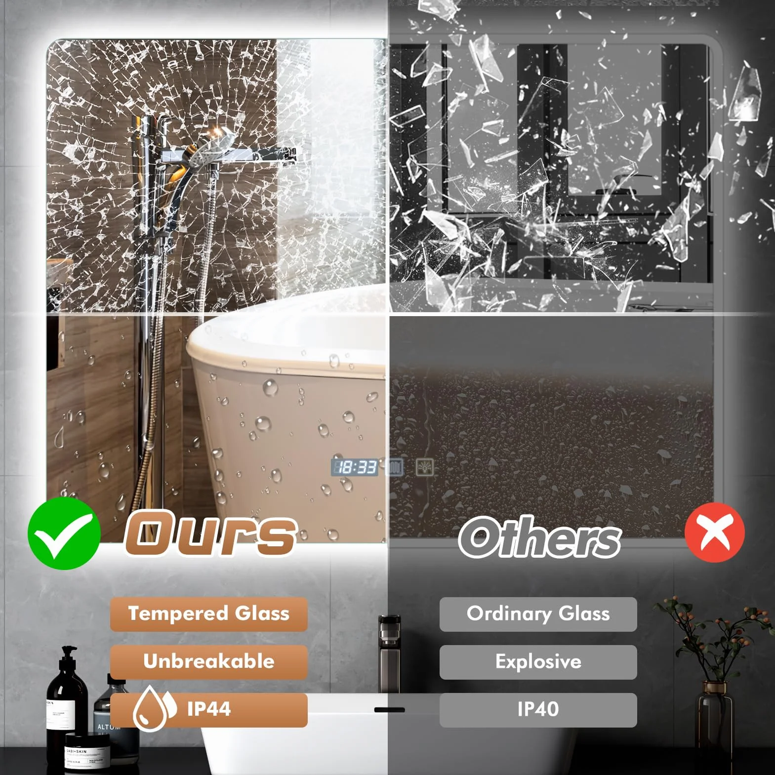 Viugreum Specchio da bagno a LED con illuminazione, 80 x 60 cm, anti-appannamento, specchio da parete, specchio da bagno, 3 colori di luce, specchio regolabile con illuminazione, interruttore touch
