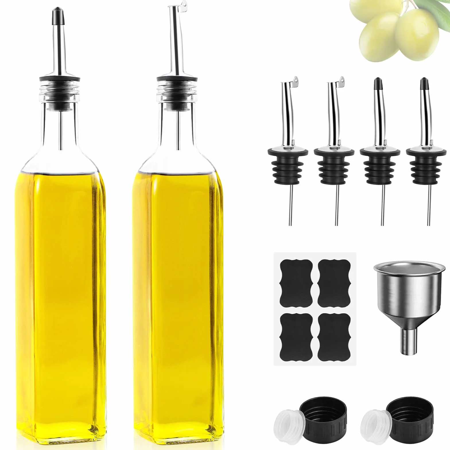 Bottiglia d'olio, 2 confezioni da 500 ml, set di dispenser per aceto e olio, bottiglia di olio d'oliva, contenitore con imbuto copertura antivegetativa di vetro per cucina e barbecue