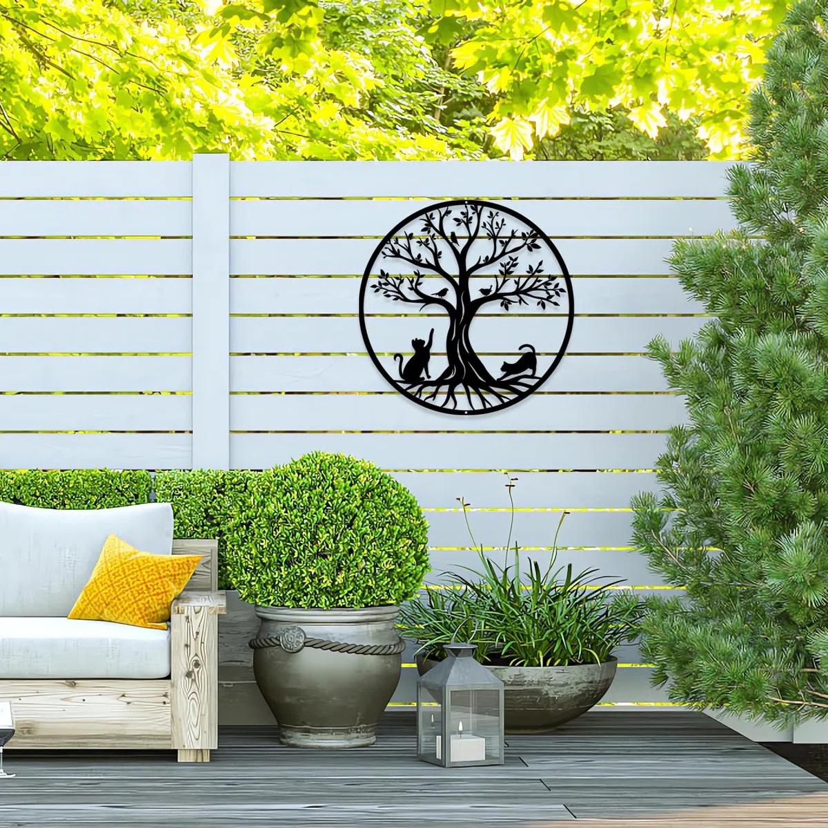 Pduoduo Decorazione da parete in metallo nero con albero della vita (con gatto e uccello), idea regalo, decorazione per interni ed esterni, giardino, casa (50 cm)