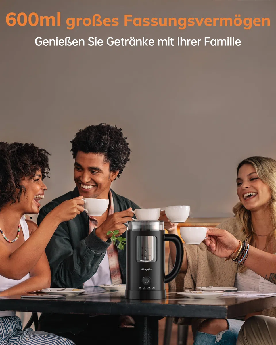 Morpilot Montalatte elettrico, 130-600 ml, 550 W, montalatte 4 in 1, per acqua calda e fredda, vetro visivo, design latte, nero