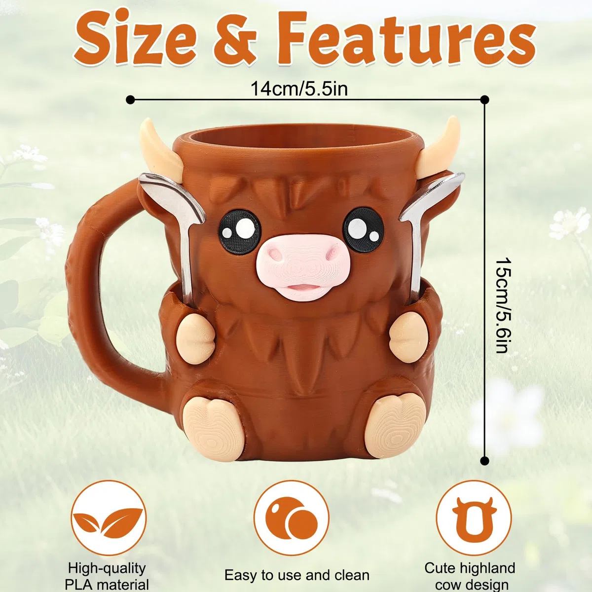 Highland Cow - Porta gelato con stampa 3D, con cassetto e 2 cucchiai, motivo: mucca delle Highland, regalo per gli amanti, 473 ml