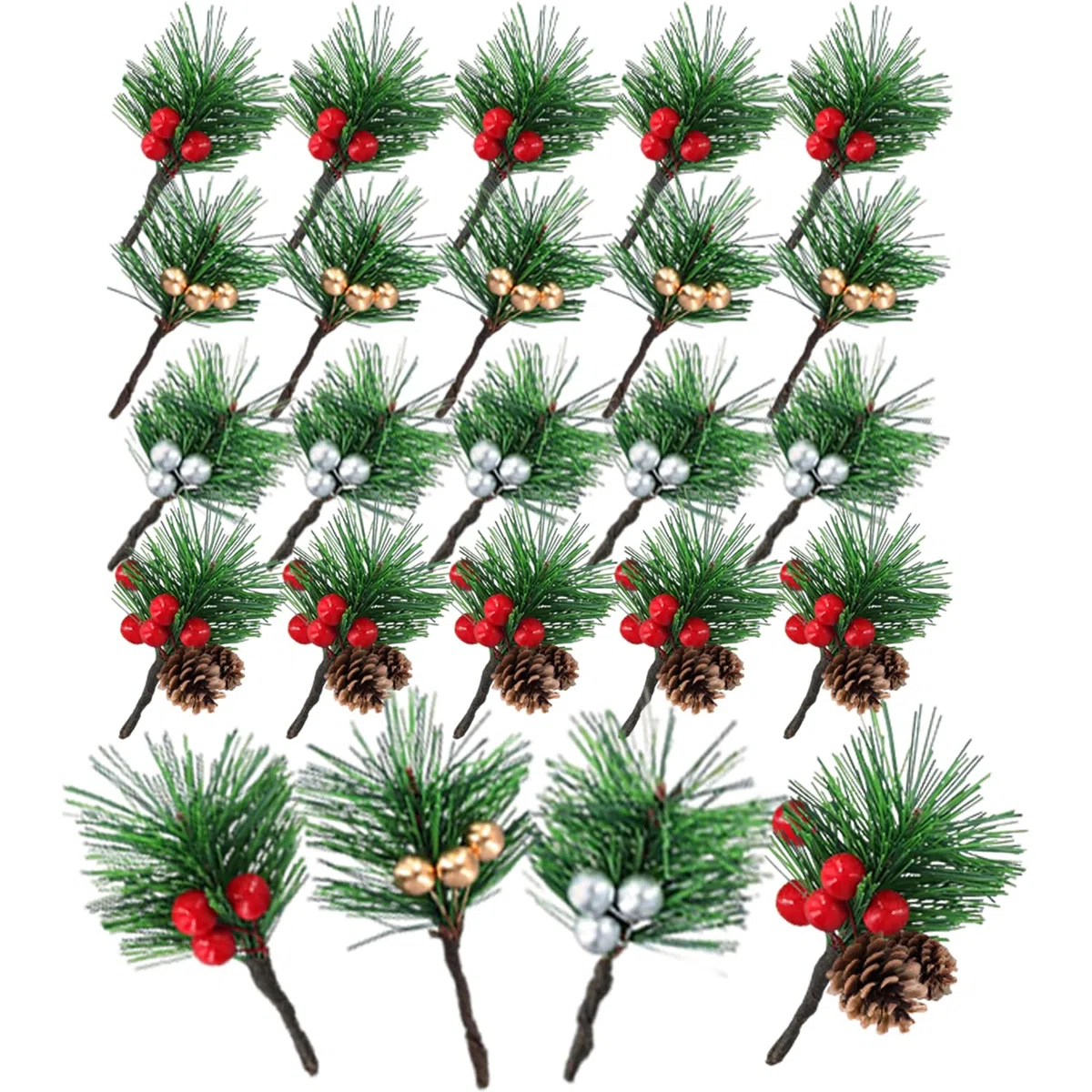 20 Pezzi Rami di Pino Artificiali Naturali con Bacche Rosse e Pigne,Piccoli Rami Natalizi Decorativi,Per Ghirlande Natalizie fai da te,Matrimoni Invernali(4 Stili)