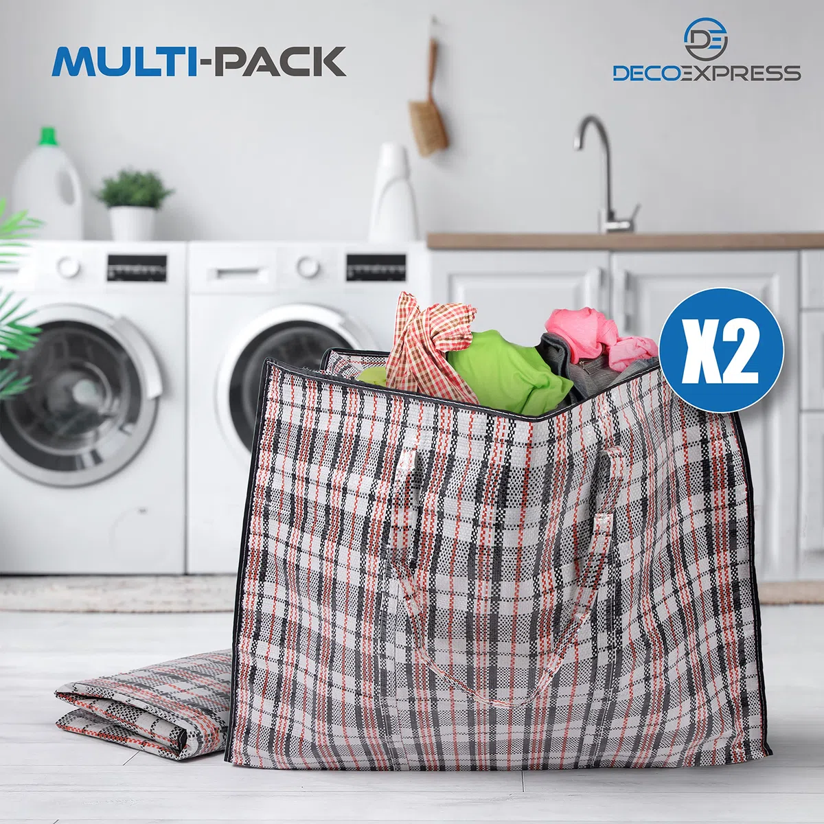 Deco Express Borse Salvaspazio Grandi 107L, 76x59x24 cm, Pack da 2 Borse Trasloco Resistenti Riutilizzabili con Cerniera e Manici per Abiti, Giocattoli (76 X 59 X 24 CM)