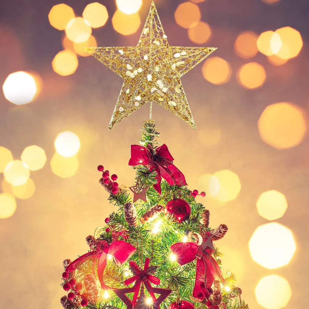 Puntale Stella Albero Natale, Oro Glitter Treetop Soprammobili Decorazione Natalizio, Lucido Forma di Stella Albero di Natale per Accessori Addobbi