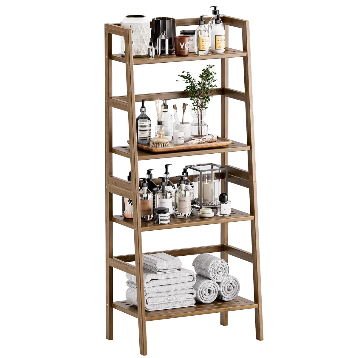 HITNET Libreria a Scala Noce, Scaffale 4 Ripiani in Bambù, Indipendente Scaffali Portaoggetti per Soggiorno, Camera da Letto e Ufficio
