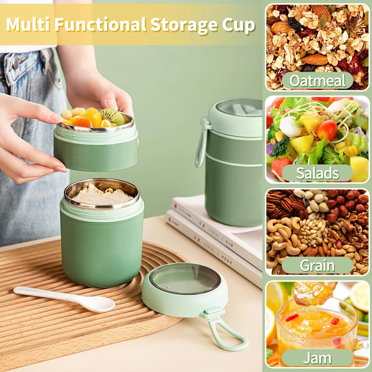 Tazza per Cereali 2 in 1, 600ml+210ml Tazza per Yogurt Portatile, Riutilizzabili Tazza di Muesli To Go per muesli, yogurt, pappe, porridge, avena notturna, gelati e zuppe (Verde)