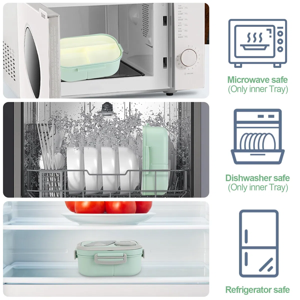 Kasanni Lunch Box con scomparti, lunch box, contenitore per pranzo e insalata, bento box con cucchiaio, snack box, pranzo, per adulti e bambini, senza BPA (Verde)