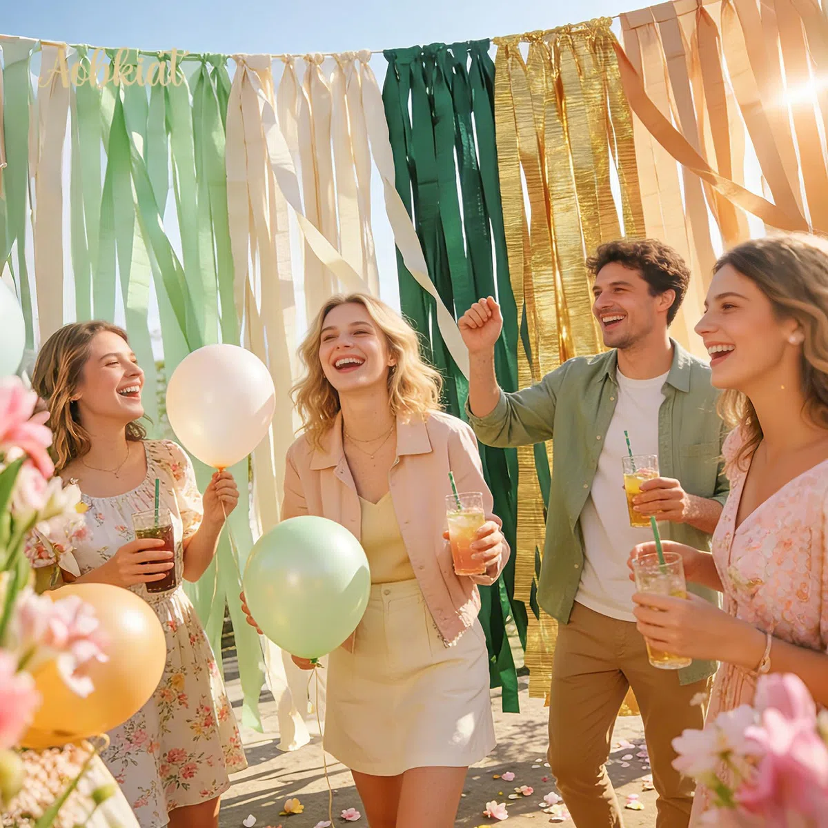 Aobkiat Decorazioni per matrimoni, feste, 5 rotoli di carta crespa verde oro, cachi, stelle filanti per feste di nozze, baby shower, addio al nubilato, compleanno, anniversario