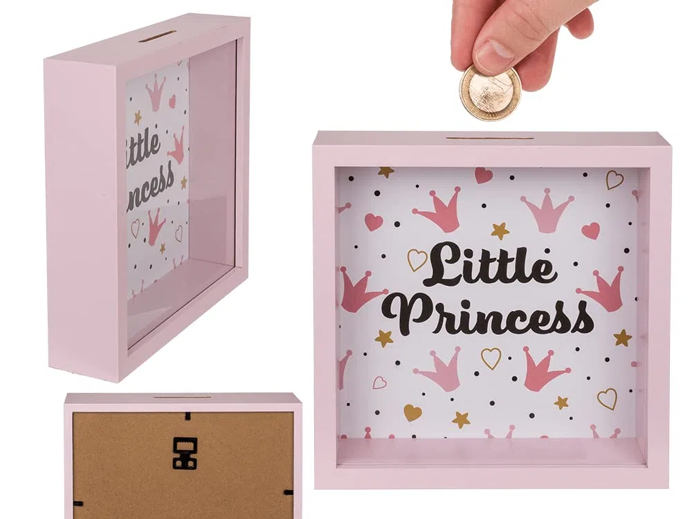 Salvadanaio rosa in legno Little Princess. Salvadanaio per salvare le principesse di casa (20 x 20 cm), con gancio per appendere.