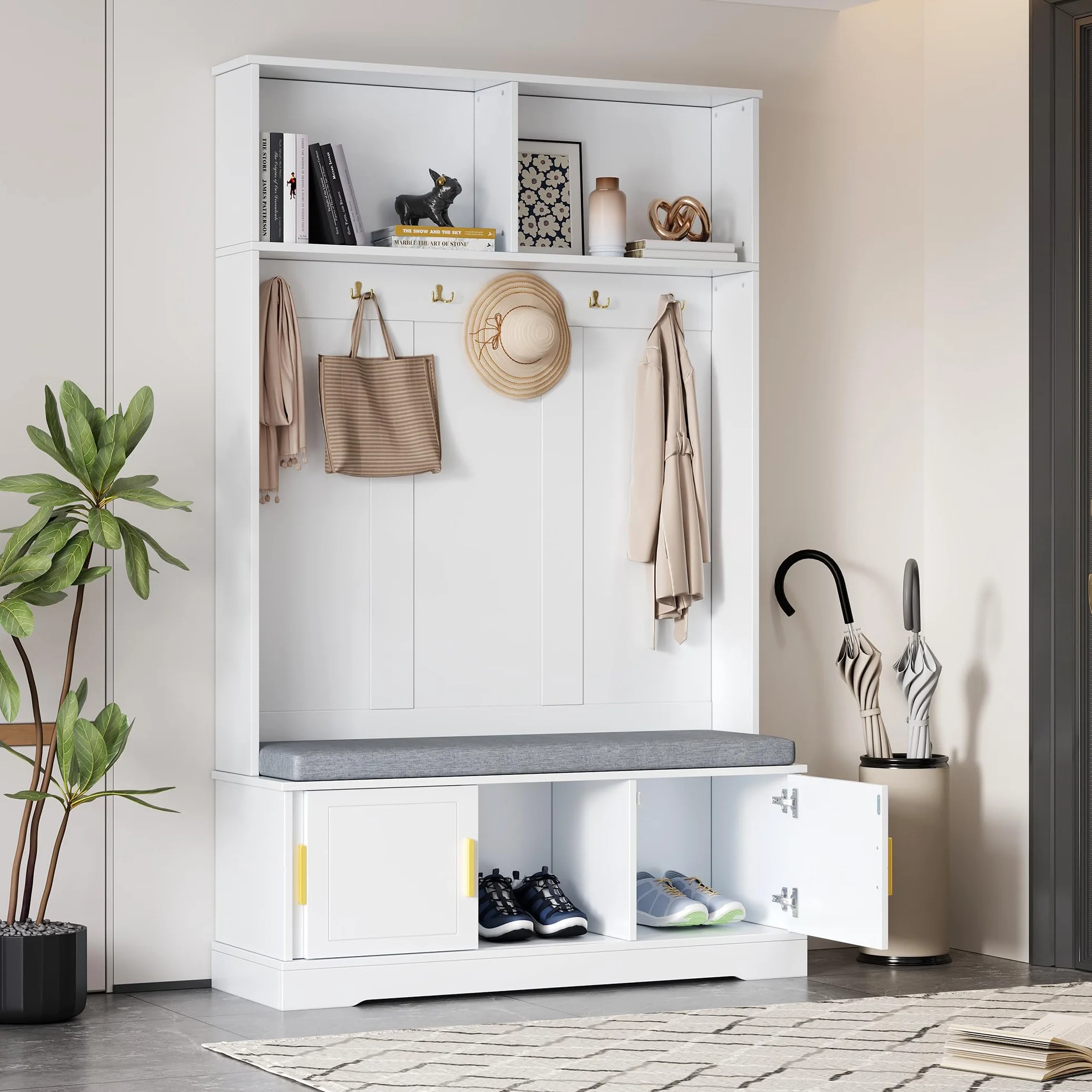Appendiabiti con panca per scarpe, guardaroba, 6 ganci tripli, indipendente, salvaspazio, per ingresso, corridoio, 120 x 40 x 191 cm (bianco)