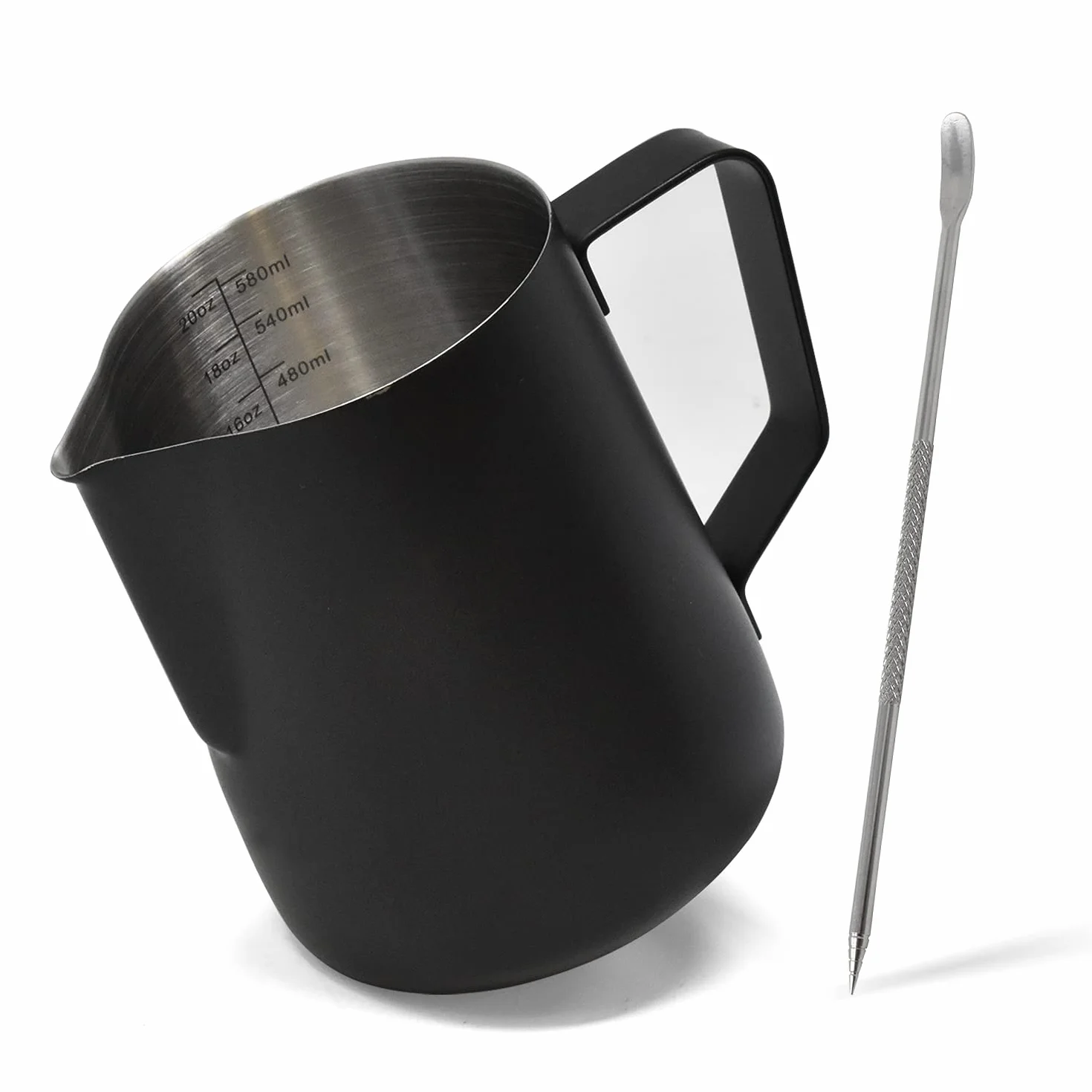 Joeji's Kitchen Bricco Latte 600 ml - Acciao Inox - Lattiera schiuma con penna Latte Art - Bricco latte professionale per caffè cioccolata espresso e altro - Nero
