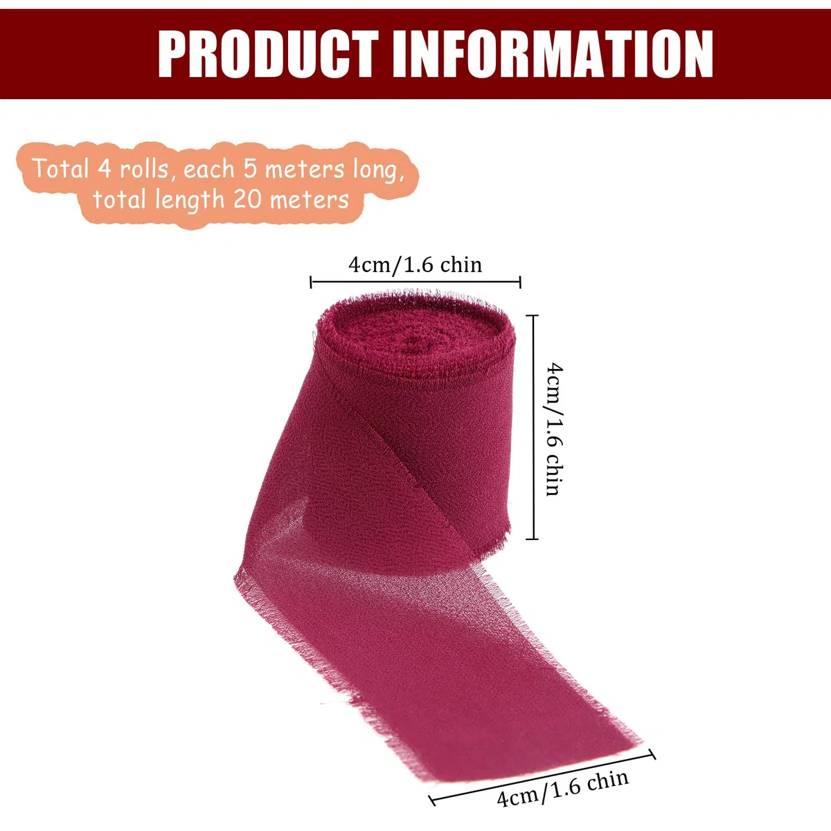 4PCS Nastro Chiffon Rosso Vino, 4 cm nastro regalo vino rosso matrimonio nastro chiffon bordeaux Nastri Vintage Chiffon per Bouquet da Sposa, Confezione Regali