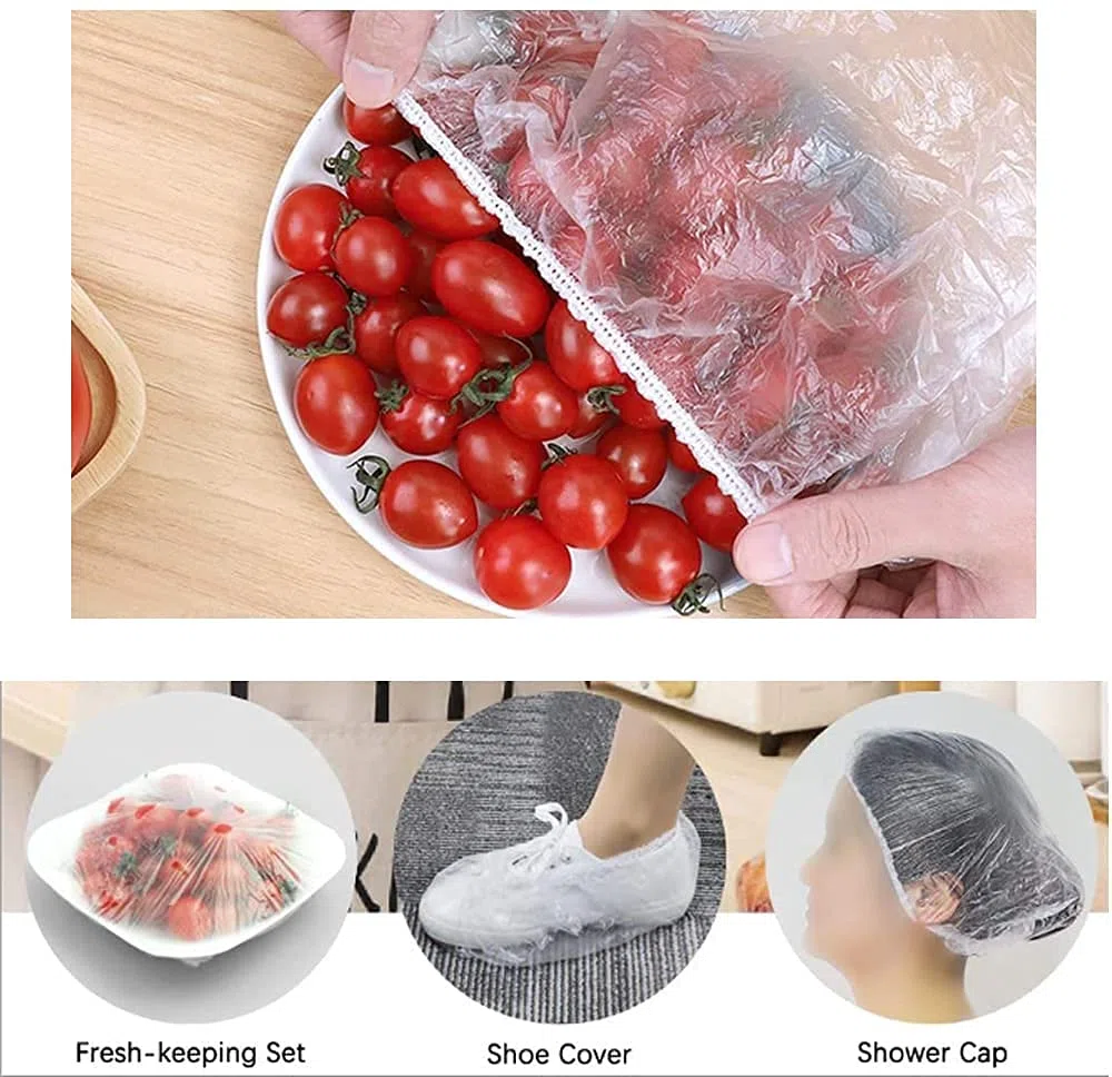 Coperchio Ciotola in Plastica 100 Pezzi,Tappi di conservazione freschi,Involucro di plastica PE Riutilizzabile Copri Ciotola per Alimenti Elastici Contenitori per Ciotole, Avanzi,Picnic All'aperto