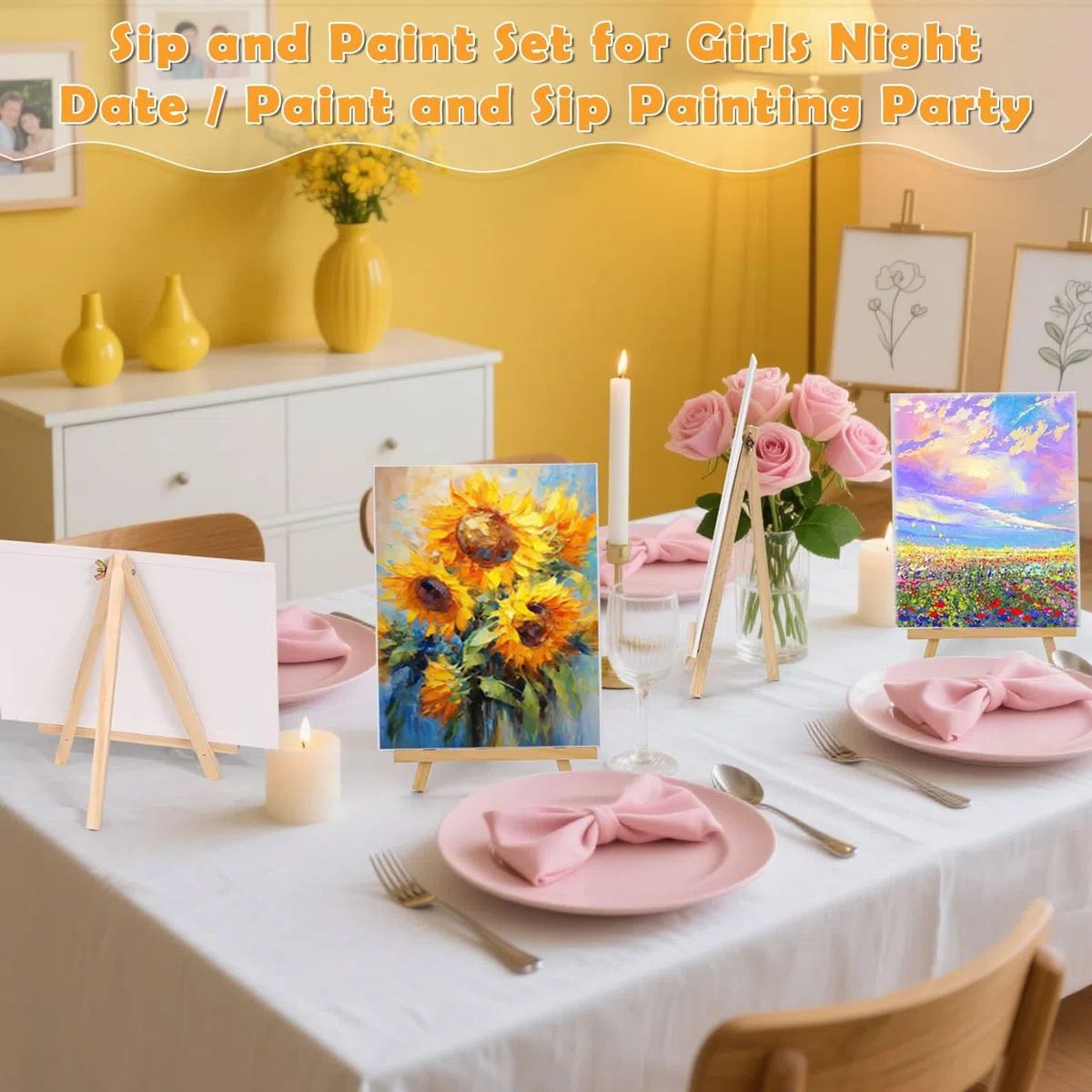 Tavole di tela per pittura, confezione da 12, 20,3 x 25,4 cm, con cavalletto, pennelli e grembiuli usa e getta