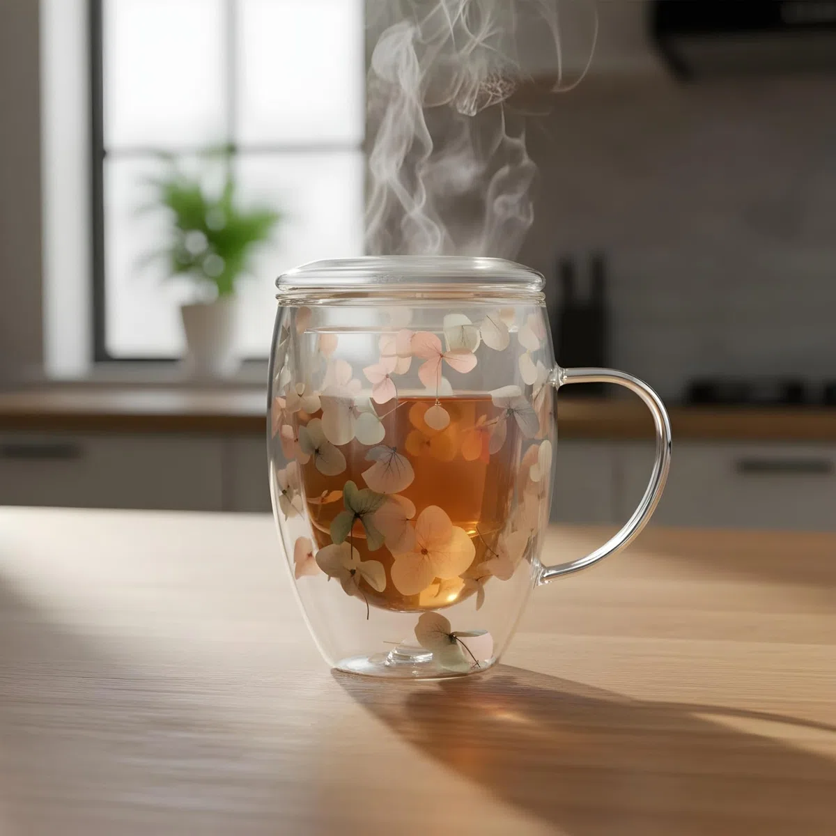 Tazza da te con infusore e coperchio in vetro a doppie pareti, con fiori, 320ml, lavabile in lavastoviglie, per tisane