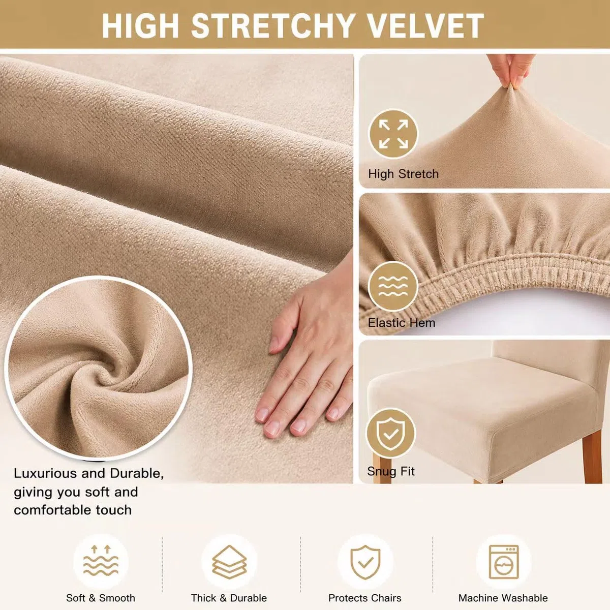 Coprisedia con Schienale in velluto 4/6 Pezzi, Fodere Sedie Elasticizzato Lavabile,Coprisedia con Schienale per Casa, Ristorante, Hotel, Cucina,decorazione per matrimoni (Beige, 6)
