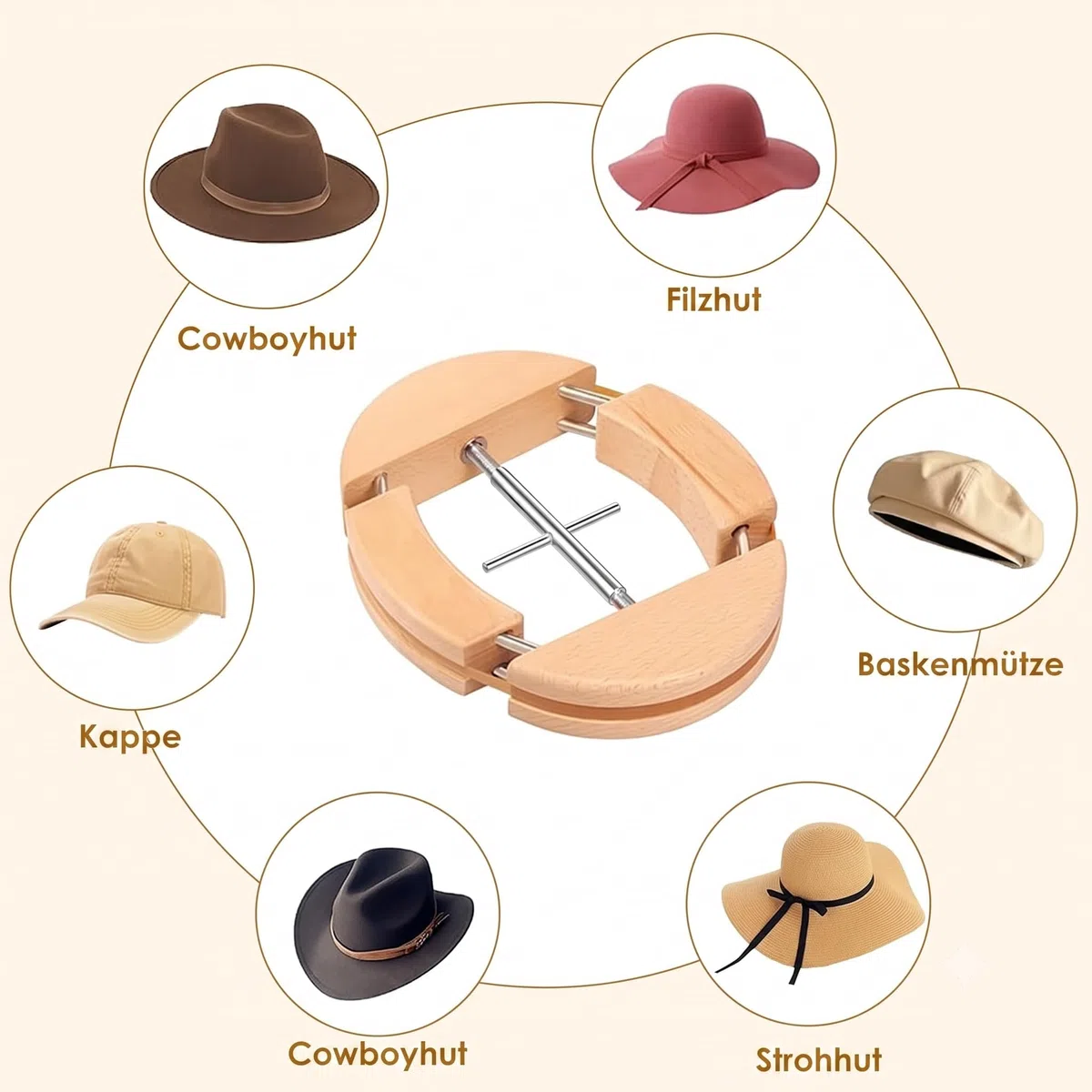 Tenditore per Cappelli a Vie, in Legno Naturale, estensore per Cappelli Fedora, Cappello da Cowboy da Uomo, Cappello da Baseball, Cowboy, la Vite con Il Manico è Facile da Allungare