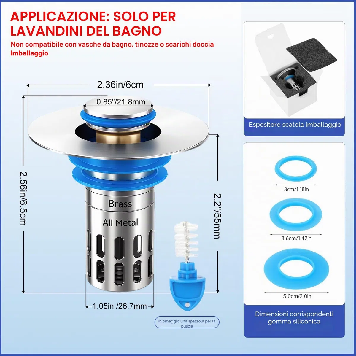 Tappo di ricambio universale per lavello da bagno, filtro pop up per scarico del lavandino, in ottone massiccio, silenzioso, tappo a pressione silenziosa, in acciaio inox, cestello filtro rimovibile