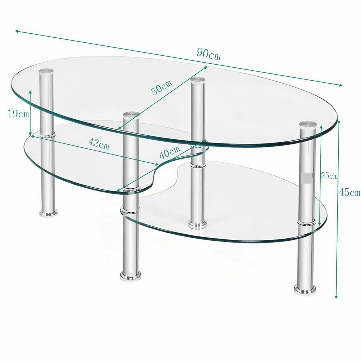 LIFEZEAL Tavolino da Salotto in Vetro Temperato, Tavolino Basso Ovale, Tavolino da Divano, Tavolino da Caffè, Telaio in Metallo, per Soggiorno, Max 70 kg, Montaggio Facile, Moderno, 90x50x45 cm