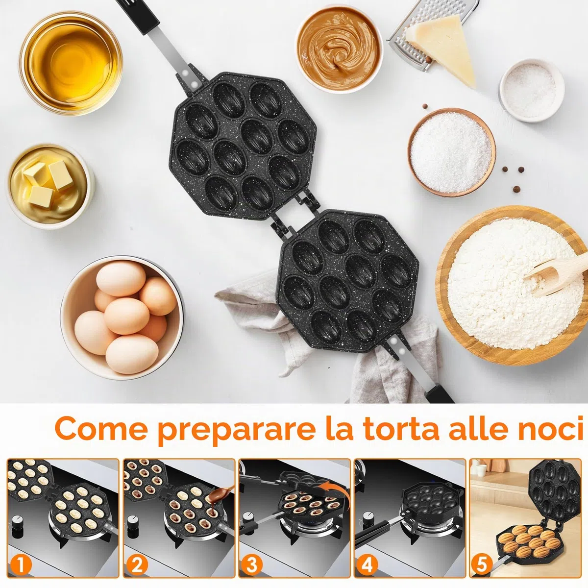 Stampo Per Biscotti A Forma Di Noce (Oreshek) Da 10 Fori In Lega Di Alluminio Con Manico Lungo E Rimovibile, Riscaldamento Uniforme, Nero