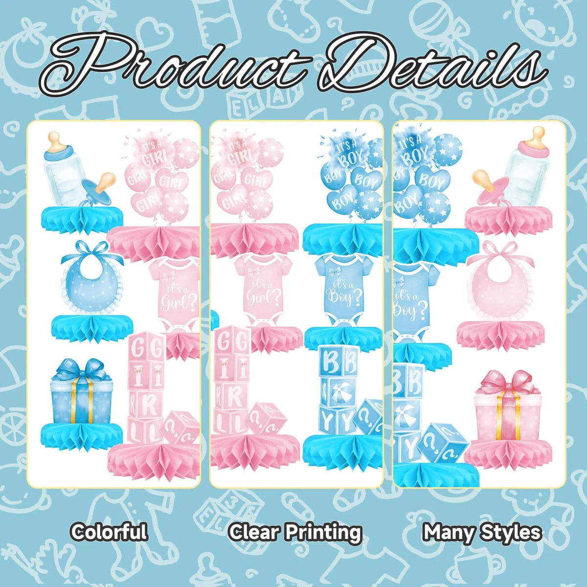 Set di Decorazioni per Rivelazione di Genere - Include Addobbi Tavolo con Centro A Nido d'Ape per Festa di Baby Shower Maschio O Femmina