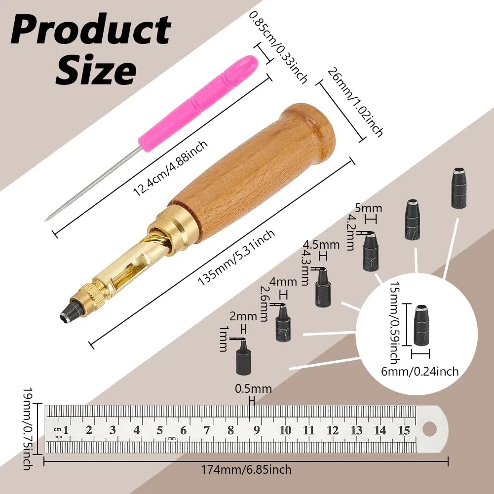 FINGERINSPIRE Set di perforatori giapponesi regolabili con tappo a vite, manico in legno in ottone con 6 punte e manico in plastica punteruoli in perle di ferro e righello in acciaio inox