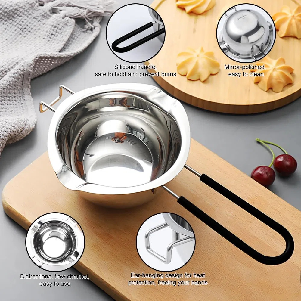 Bagnomaria in Acciaio Inox, 2 Pezzi 400ml Pentolino bagnomaria, 1 Pezzi Cucchiaio in Acciaio Inox, Manico in Silicone, per Cioccolato, Zucchero, Burro, Formaggio, Caramello, Acciaio Inox 304