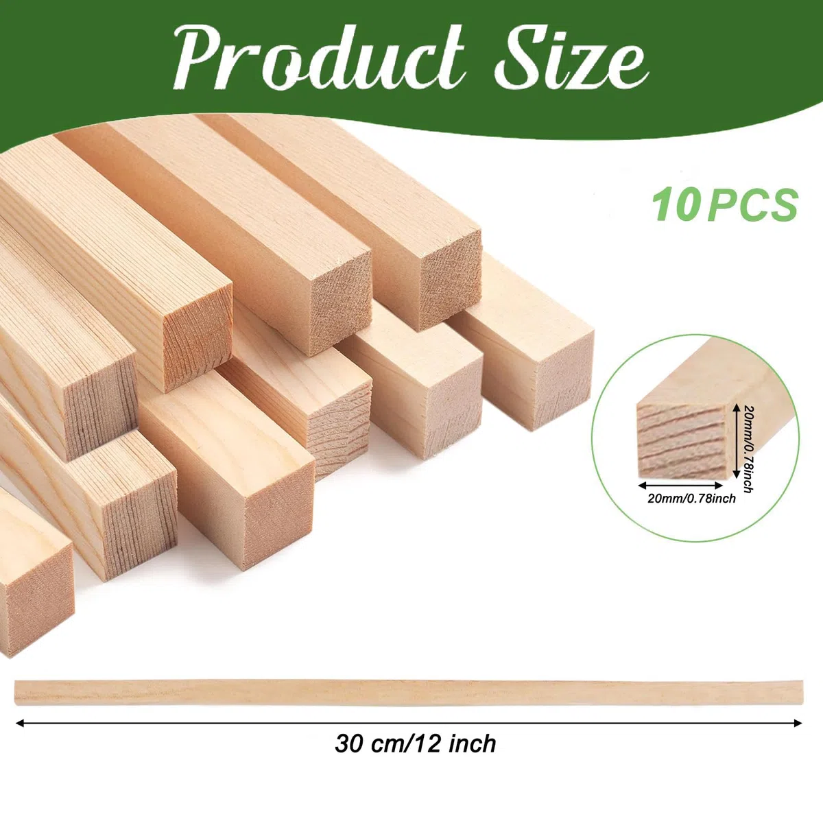 10 tasselli quadrati in legno, 20 x 300 mm, per artigianato, bastoncini in legno duro non finiti, fai da te, decorazione per la casa, 20 mm