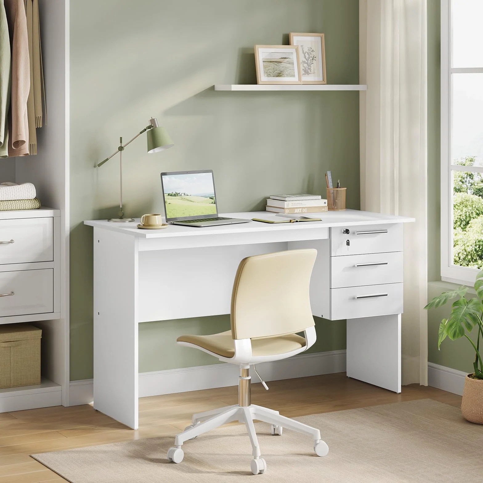 WOLTU Scrivania con 3 Cassetti, 120x60 cm, Bianco, Tavolo da Lavoro, Scrivania per Computer, Porta PC in Legno