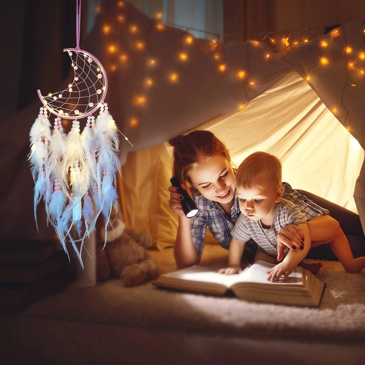 Acchiappasogni LED con Piume, Fatto a Mano Acchiappasogni Indiano Dream Catcher per Decorazione Parete di Nozze Camera da Letto Casa Ragazze Bambini Regalo di Compleanno