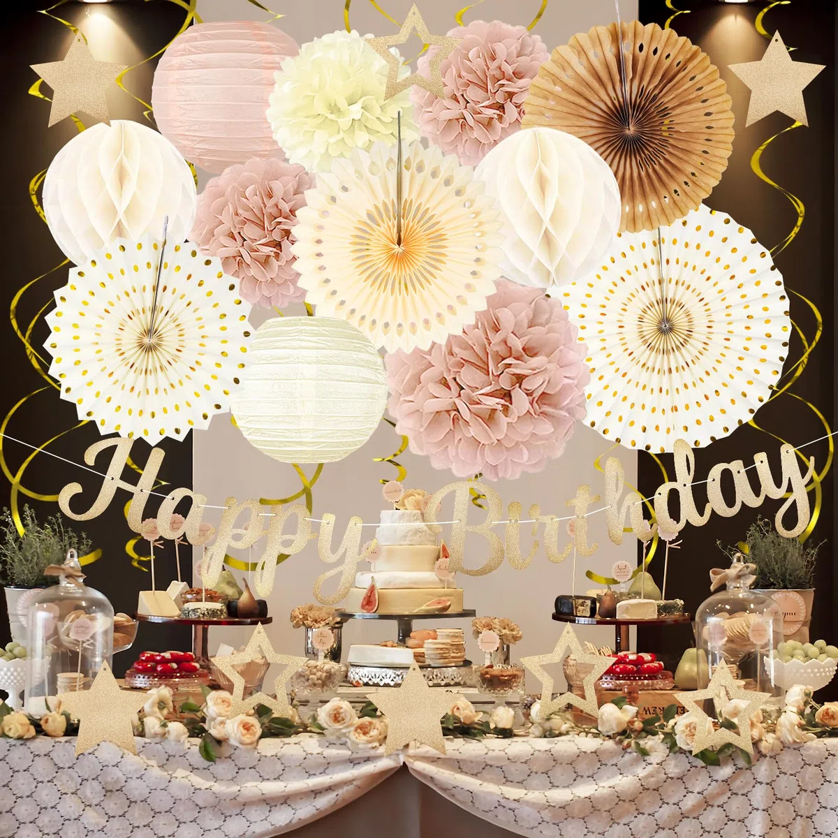 Decorazioni per feste di compleanno in oro champagne – 29 pezzi beige crema retrò decorazioni autunnali per donne e ragazze: striscioni Happy birthday, strisce di carta, pompon – ZERODECO