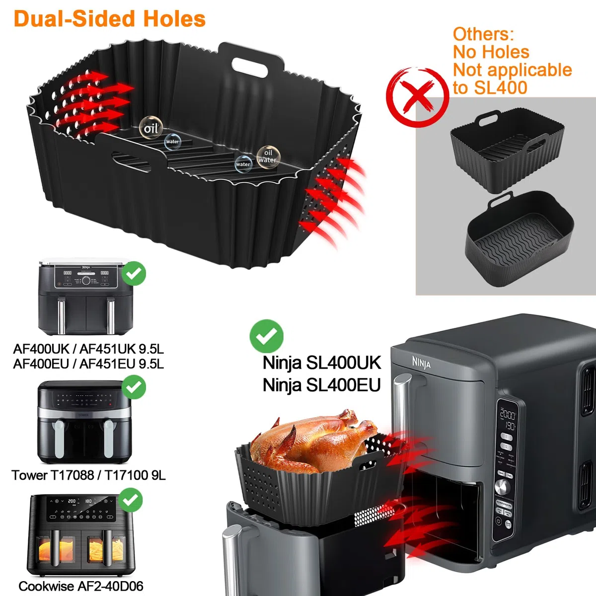 2Pezzi Accessori Friggitrice ad Aria per Ninja Double Stack XL Friggitrice Verticale 9.5L SL400EU, Foodi Max Dual Zone AF400EU, AF300EU 7.5L, Silicone Teglia per Friggitrice ad Aria