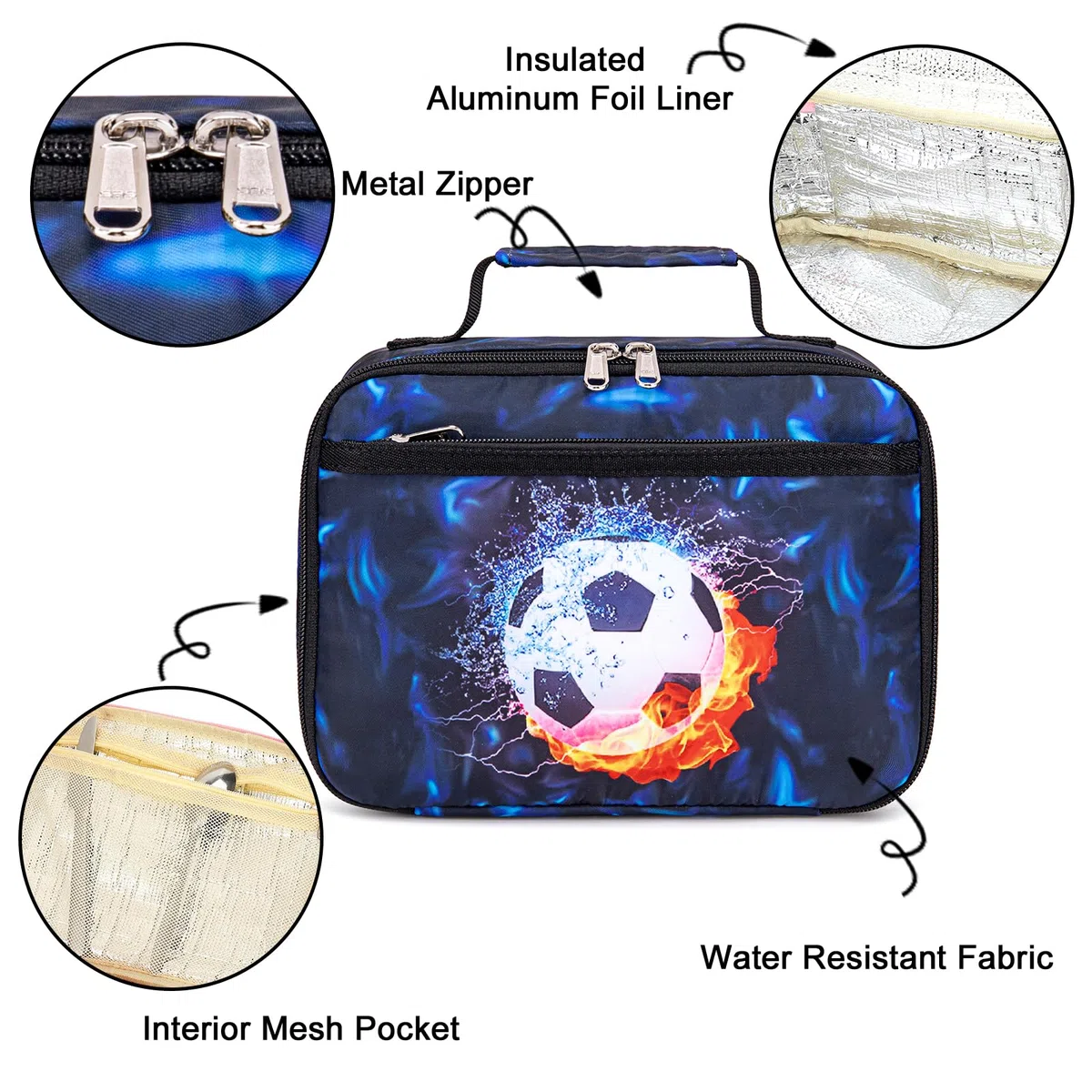 LEDAOU Borsa termica per bambini, 5 l, con chiusura lampo, borsa termica per il pranzo, per scuola, escursionismo, lavoro, Calcio Nero Blu, Casual