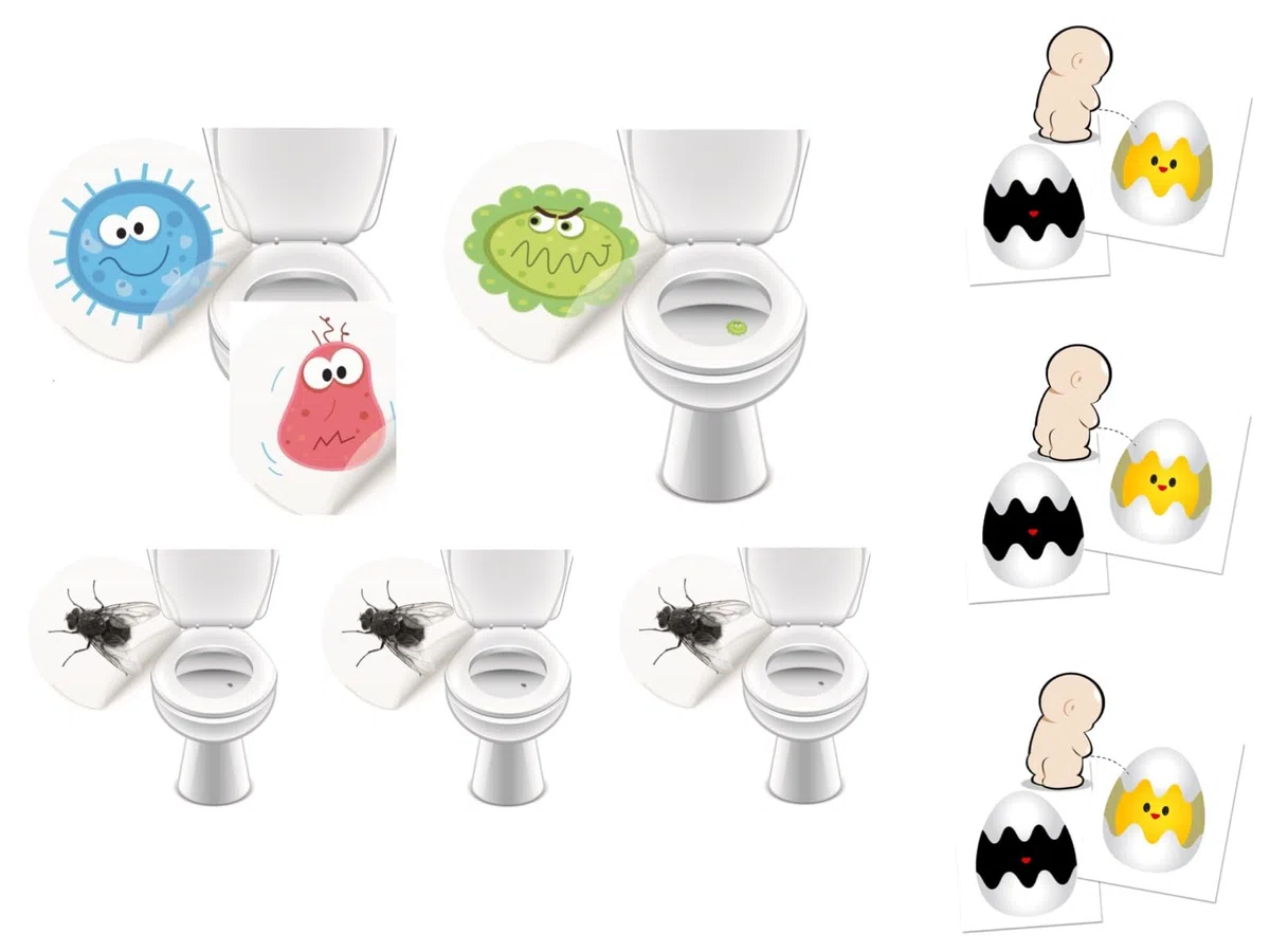 6 adesivi per WC + 3 adesivi a forma di uovo che cambiano colore – LK-Trend & Style (3 mostri + 3 papillon + 3 uovo)