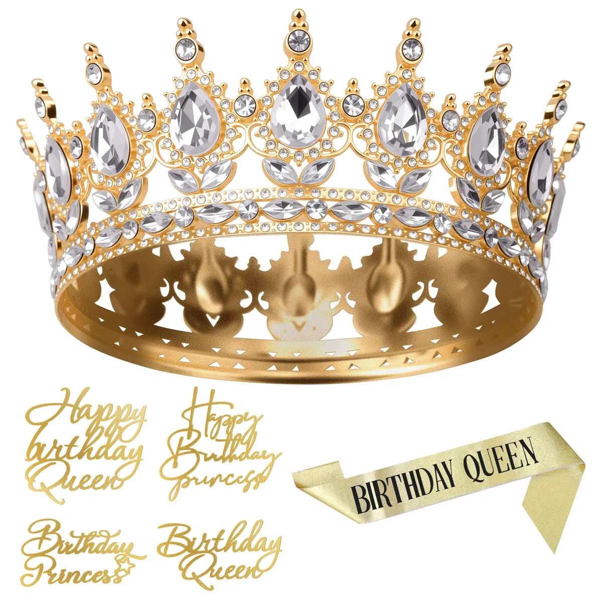 Corona per donne e ragazze, corona di cristallo di compleanno per torta, decorazione torta principessa corona regina oro con 4 topper e fascia di compleanno per feste di compleanno, balli e matrimoni